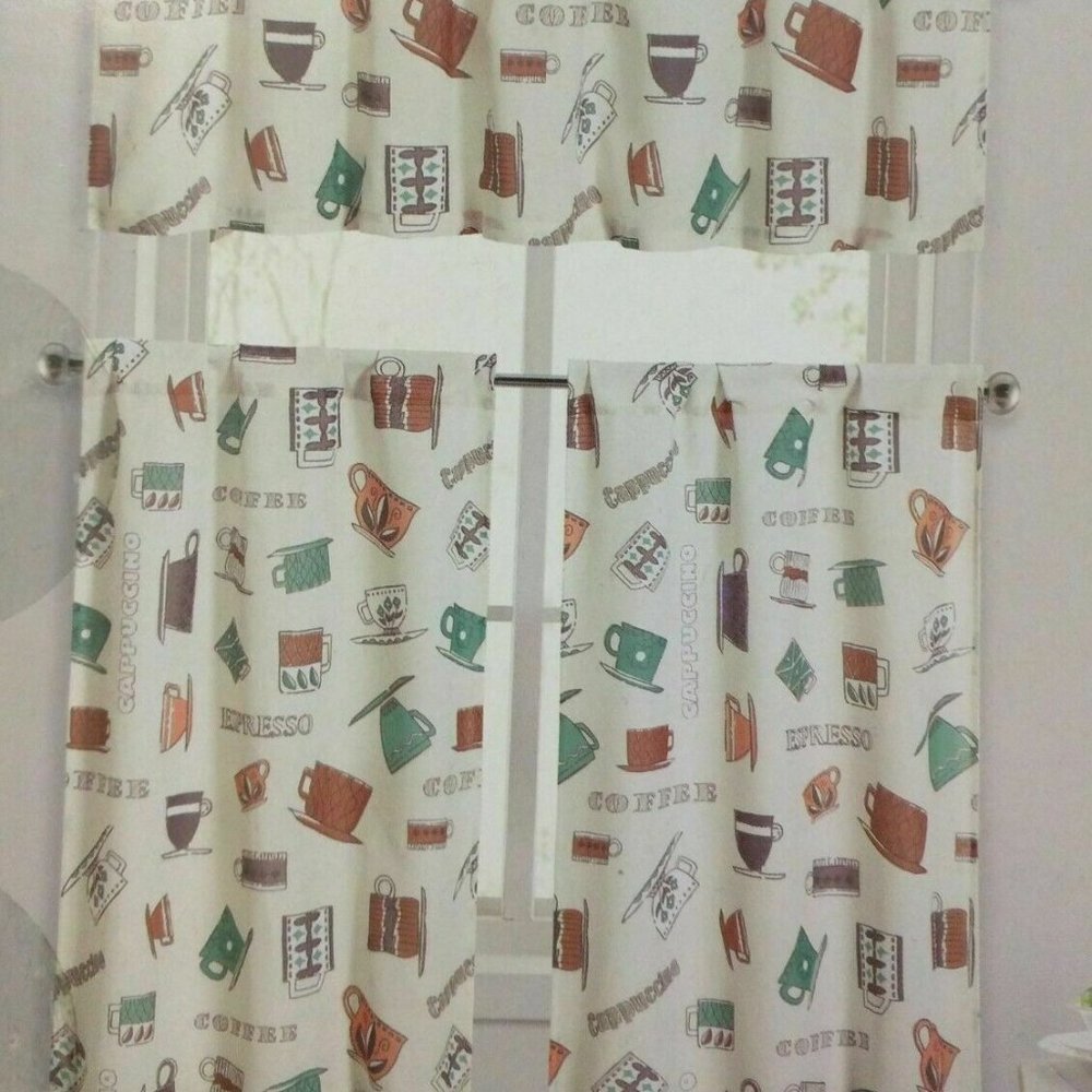 VICTORIA CLASSICS Printed Kitchen Curtain Tiers Valance Curtain 3 pcs Set COFFEE